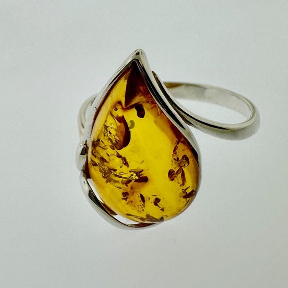 925 Sterling Silver Amber Teardrop Ring - Size 9.5 - Picture 5 of 15